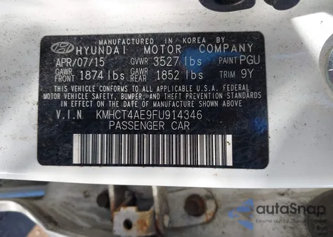 2015 Hyundai Accent Gls z USA, uszkodzony, nr VIN KMHCT4AE9FU914346